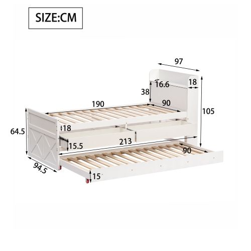 Lit Simple 90 X 190 Cm, Bois Massif, Blanc, Avec Tiroir Coulissant, Table De Chevet Avec USB