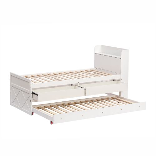 Lit Simple 90 X 190 Cm, Bois Massif, Blanc, Avec Tiroir Coulissant, Table De Chevet Avec USB