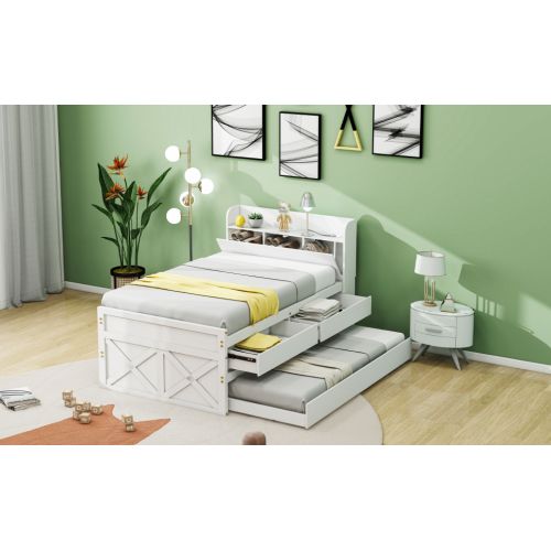 Lit Simple 90 X 190 Cm, Bois Massif, Blanc, Avec Tiroir Coulissant, Table De Chevet Avec USB