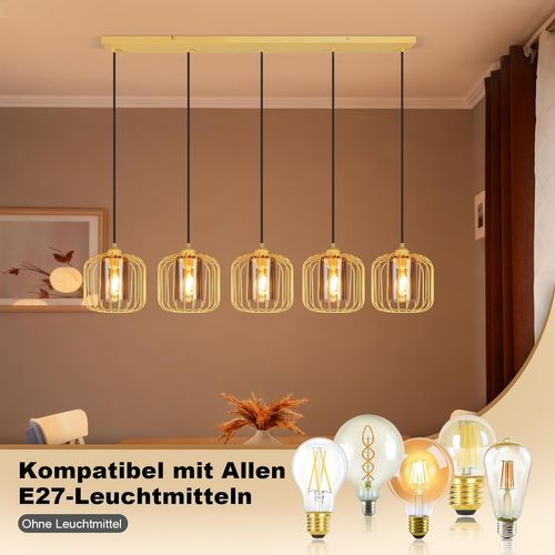 Suspension Vintage 5 Lumières, Lustre Verre Et Métal, Rétro E27 Réglable En Hauteur(sans Ampoules)