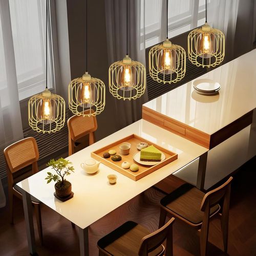 Suspension Vintage 5 Lumières, Lustre Verre Et Métal, Rétro E27 Réglable En Hauteur(sans Ampoules)