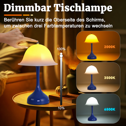 Lampe De Table Sans Fil LED - Lampe Chevet Tactile Dimmable, 3 Températures, Rechargeable USB