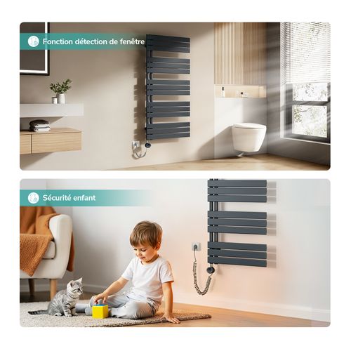 Sèche-serviettes Électrique 800 W Plat Anthracite Avec Thermostat Programmable - H. 132 X L. 50 Cm