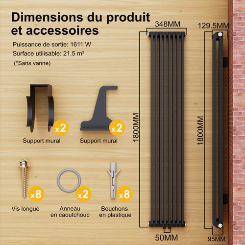 Radiateur Eau Chaude Vertical Acier Anthracite Double Couche 180 × 34,8 Cm 1611 W