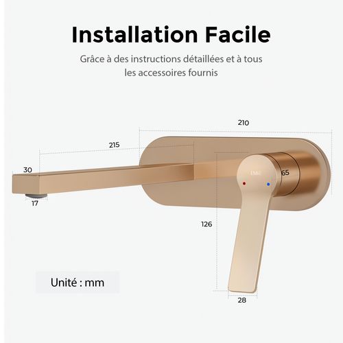 Mitigeur De Lavabo Mural Encastrable Or Rose Cartouche Céramique Laiton L.21xh.7 Cm