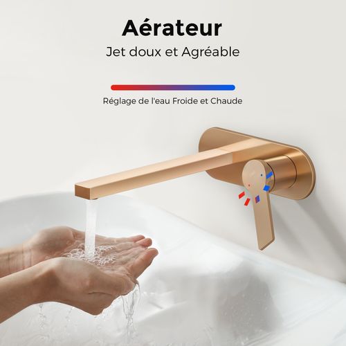 Mitigeur De Lavabo Mural Encastrable Or Rose Cartouche Céramique Laiton L.21xh.7 Cm