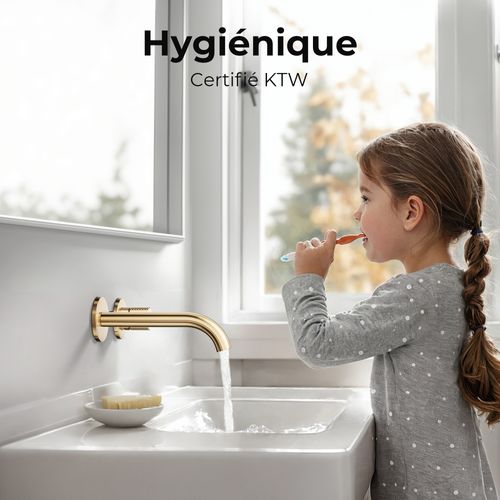 Mitigeur De Lavabo Mural Encastrable Bi-trou Or Champagne Laiton Cartouche Céramique L.18 Cm