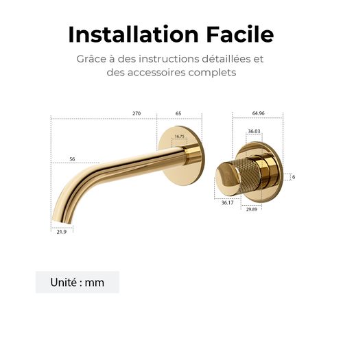 Mitigeur De Lavabo Mural Encastrable Bi-trou Or Champagne Laiton Cartouche Céramique L.18 Cm