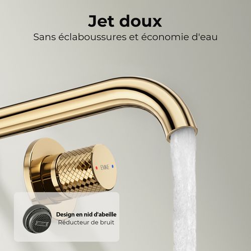 Mitigeur De Lavabo Mural Encastrable Bi-trou Or Champagne Laiton Cartouche Céramique L.18 Cm