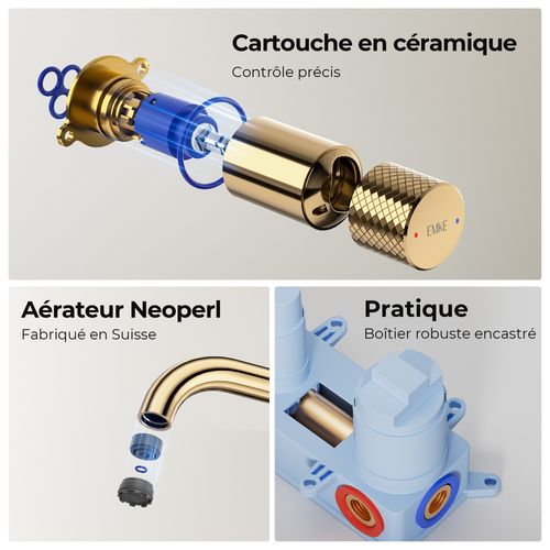 Mitigeur De Lavabo Mural Encastrable Bi-trou Or Champagne Laiton Cartouche Céramique L.18 Cm