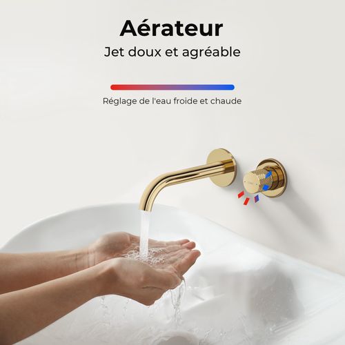 Mitigeur De Lavabo Mural Encastrable Bi-trou Or Champagne Laiton Cartouche Céramique L.18 Cm