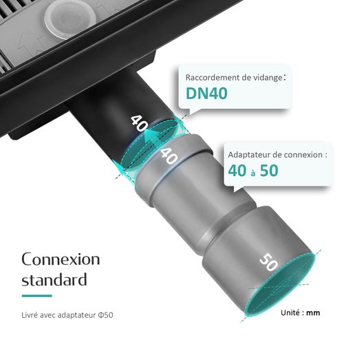 Caniveau De Douche 50 Cm, Acier Inox, Siphon De Sol 2 En 1 Avec Filtre à Cheveux, Noir