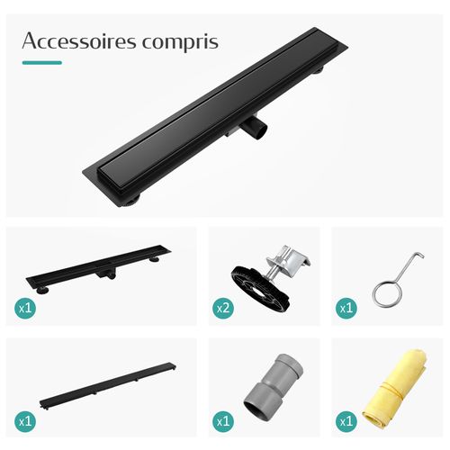 Caniveau De Douche 50 Cm, Acier Inox, Siphon De Sol 2 En 1 Avec Filtre à Cheveux, Noir