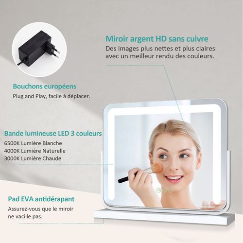 Miroir Maquillage Hollywood Blanc LED 3 Modes Lumière Variable H.60 X L.52 Cm