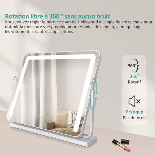 Miroir Maquillage Hollywood Blanc LED 3 Modes Lumière Variable H.60 X L.52 Cm