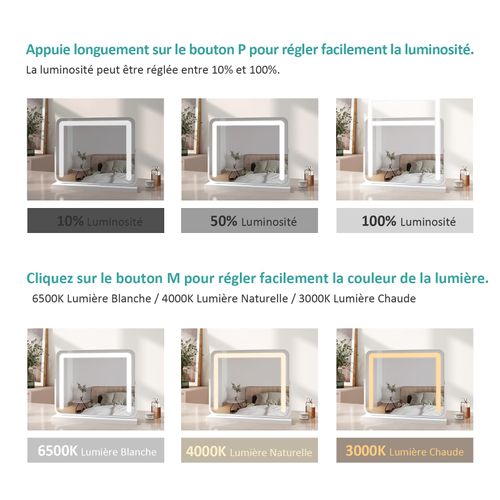 Miroir Maquillage Hollywood Blanc LED 3 Modes Lumière Variable H.60 X L.52 Cm