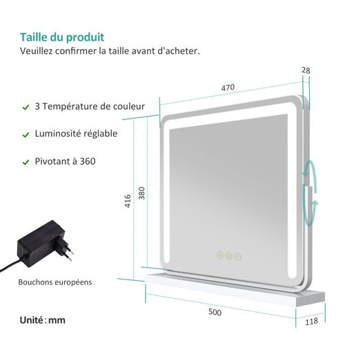 Miroir Maquillage Hollywood Blanc LED 3 Modes Lumière Variable H.60 X L.52 Cm