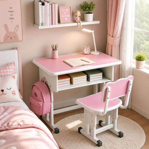 Bureau Enfant Réglable En Hauteur + Chaise, Tiroir, Crochets, Coins Arrondis, Rose