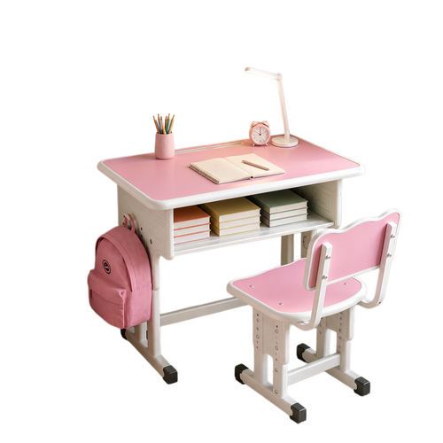 Bureau Enfant Réglable En Hauteur + Chaise, Tiroir, Crochets, Coins Arrondis, Rose