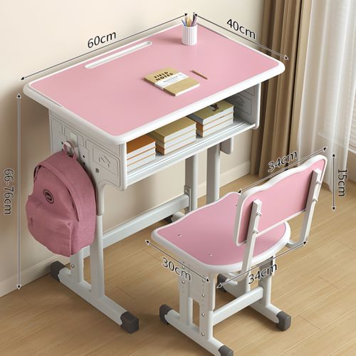 Bureau Enfant Réglable En Hauteur + Chaise, Tiroir, Crochets, Coins Arrondis, Rose