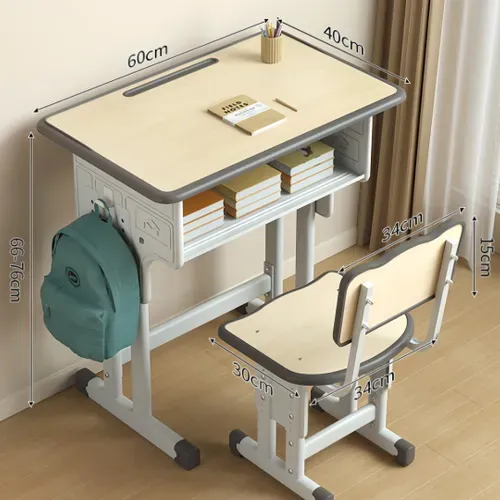 Bureau Enfant Réglable En Hauteur + Chaise, Tiroir, Crochets, Coins Arrondis, Bois Clair