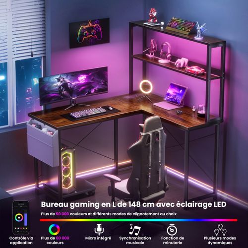 Bureau D'angle Gaming 148cm Bois Foncé, LED, USB, étagères Réversibles.