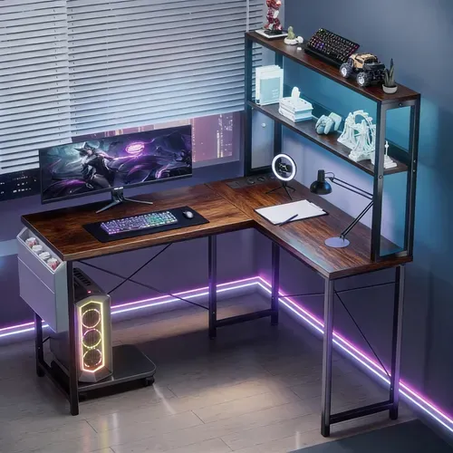 Bureau D'angle Gaming 148cm Bois Foncé, LED, USB, étagères Réversibles.