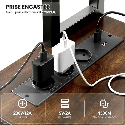 Bureau D'angle Gaming 148cm Bois Foncé, LED, USB, étagères Réversibles.