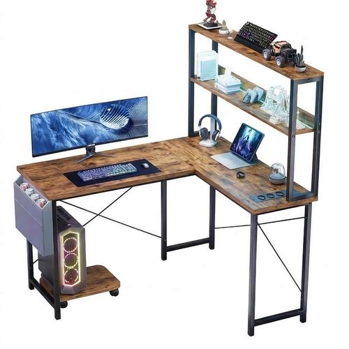 Bureau D'angle Gaming 148cm Bois Foncé, LED, USB, étagères Réversibles.