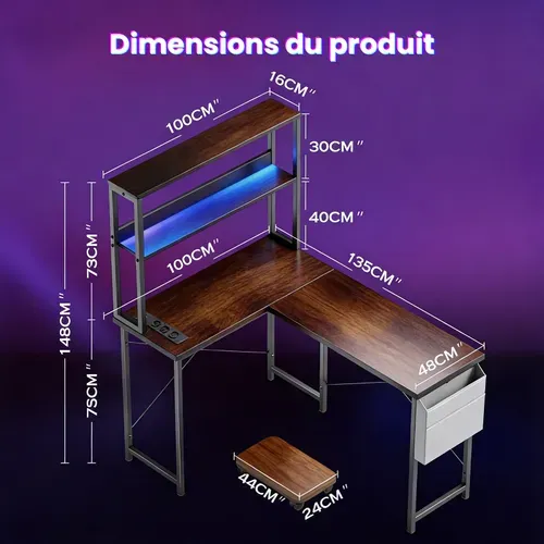 Bureau D'angle Gaming 148cm Bois Foncé, LED, USB, étagères Réversibles.