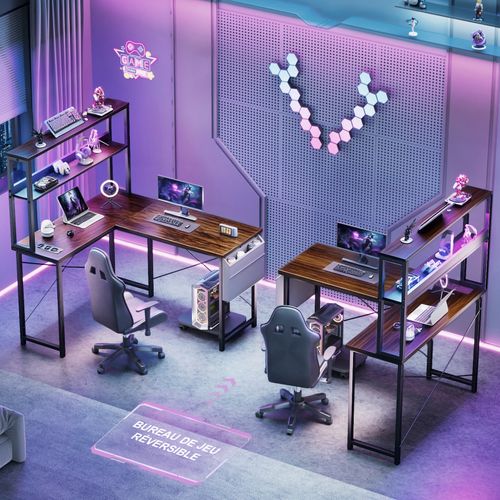 Bureau D'angle Gaming 148cm Bois Foncé, LED, USB, étagères Réversibles.