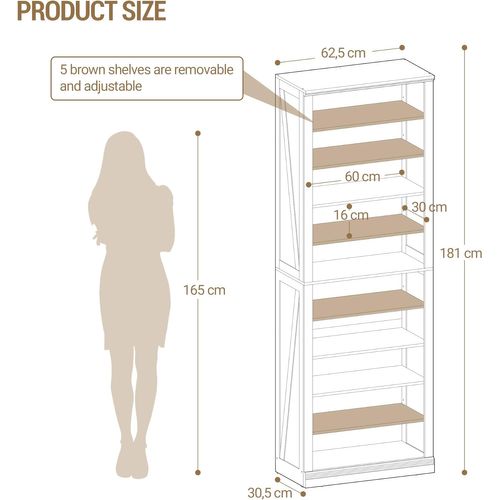 Meuble à Chaussures, Meuble D'entrée Rangement 27-30 Paires, Chambre, Armoire, 30,5 × 62,5 × 181 Cm