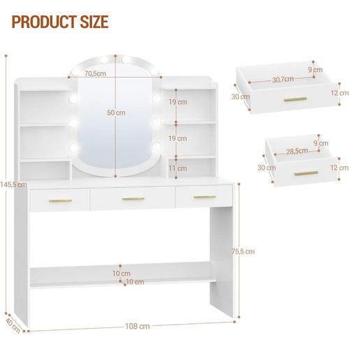 Coiffeuse Avec Miroir Ovale,miroir LED à Luminosité Réglable,3 Tiroirs Avec 6 Étagères Ouverts,blanc