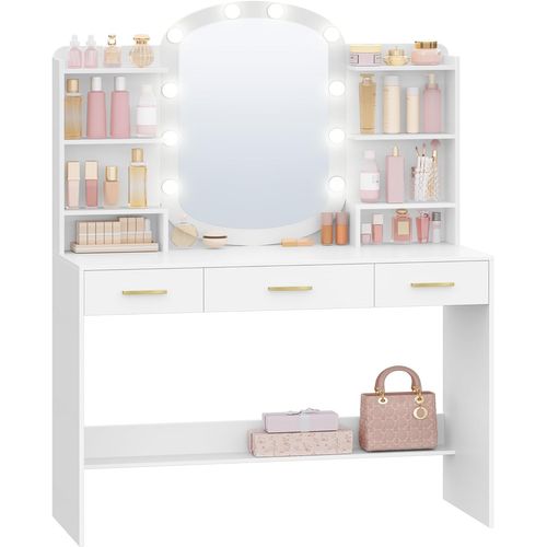 Coiffeuse Avec Miroir Ovale,miroir LED à Luminosité Réglable,3 Tiroirs Avec 6 Étagères Ouverts,blanc