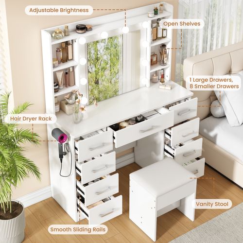 Coiffeuse Moderne Avec Miroir Lumineux à 10 LED Et Tabouret - Blanc Épuré