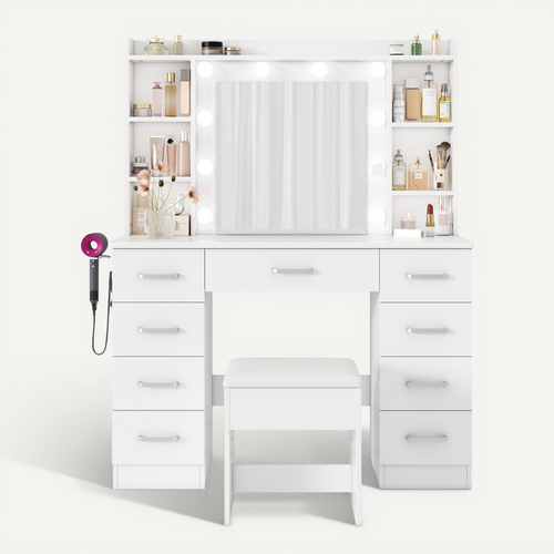 Coiffeuse Moderne Avec Miroir Lumineux à 10 LED Et Tabouret - Blanc Épuré