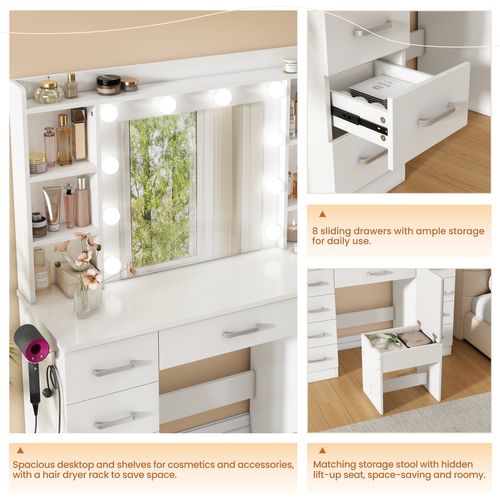 Coiffeuse Moderne Avec Miroir Lumineux à 10 LED Et Tabouret - Blanc Épuré