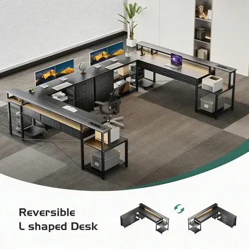 Bureau D'angle Gaming et Multimédia XXL Gris - 140x140cm - LED Rgb App - 7 Tiroirs