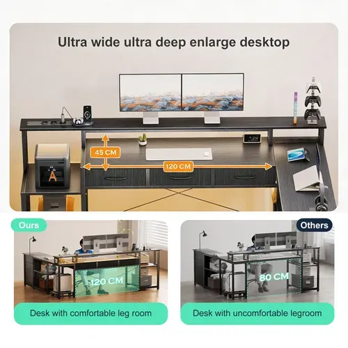 Bureau D'angle Gaming et Multimédia XXL Gris - 140x140cm - LED Rgb App - 7 Tiroirs