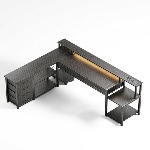 Bureau D'angle Gaming et Multimédia XXL Gris - 140x140cm - LED Rgb App - 7 Tiroirs