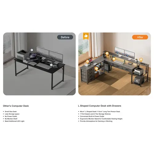 Bureau D'angle Gaming et Multimédia XXL Gris - 140x140cm - LED Rgb App - 7 Tiroirs