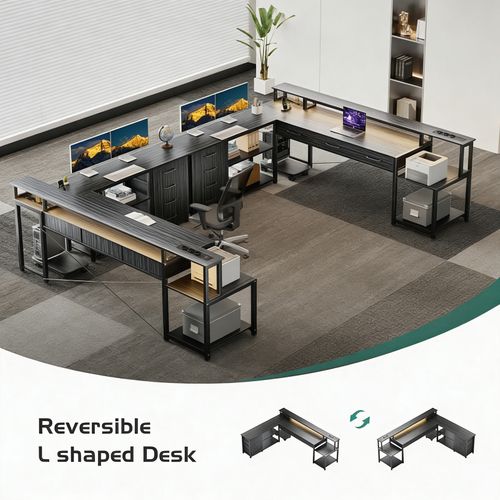 Bureau D'angle Gaming et Multimédia XXL Marron - 140x140cm - LED Rgb App - 7 Tiroirs