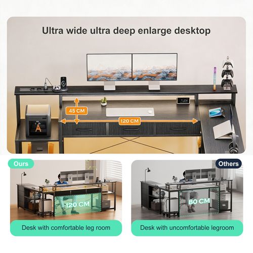 Bureau D'angle Gaming et Multimédia XXL Marron - 140x140cm - LED Rgb App - 7 Tiroirs