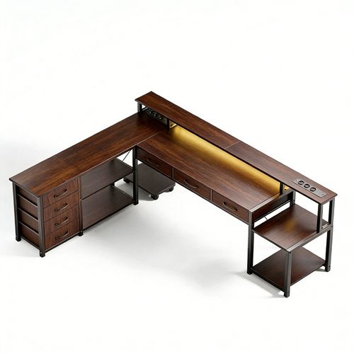 Bureau D'angle Gaming et Multimédia XXL Marron - 140x140cm - LED Rgb App - 7 Tiroirs