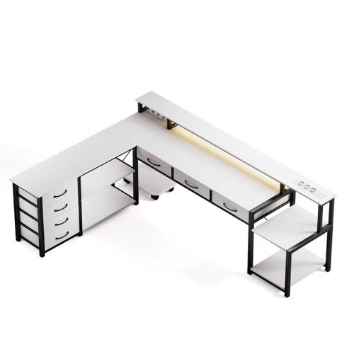 Bureau D'angle Gaming et Multimédia XXL Blanc - 140x140cm - LED Rgb App - 7 Tiroirs