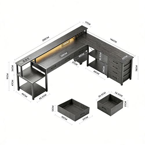 Bureau D'angle Gaming et Multimédia XXL Blanc - 140x140cm - LED Rgb App - 7 Tiroirs