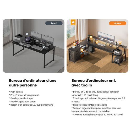 Station De Travail Ergonomique - Angle L 140cm - Structure Industrielle Avec 7 Tiroir - Gris
