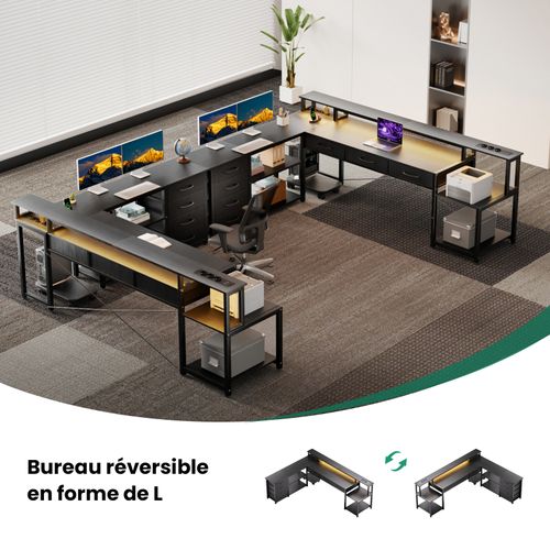 Station De Travail Ergonomique - Angle L 140cm - Structure Industrielle Avec 7 Tiroir - Gris