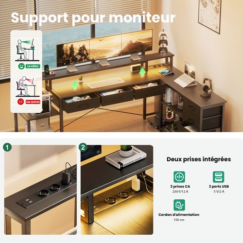 Station De Travail Ergonomique - Angle L 140cm - Structure Industrielle Avec 7 Tiroir - Gris