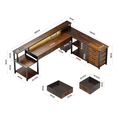 Station De Travail Ergonomique - Angle L 140cm - Structure Industrielle Avec 7 Tiroir - Gris